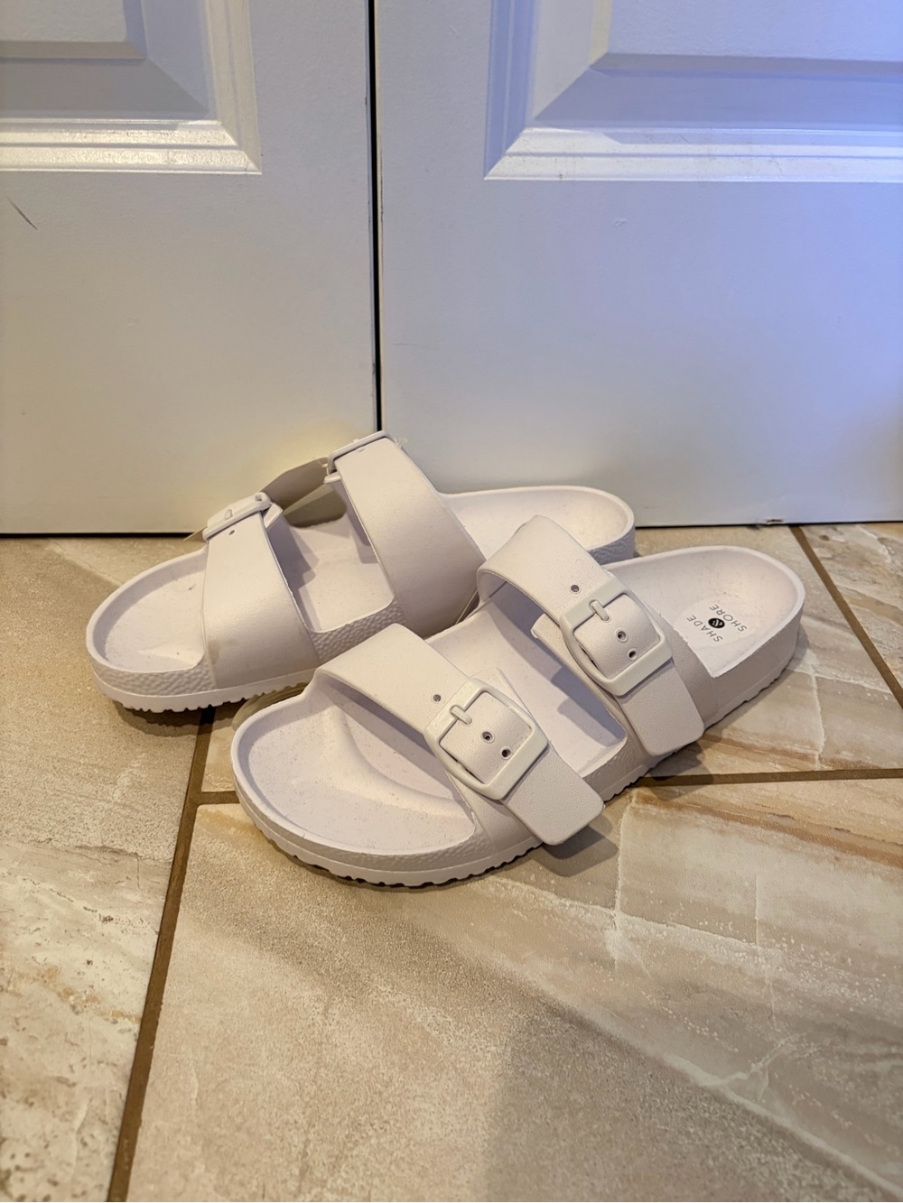 Shade & Shore White Birkin Style Double Buckle Slide Sandals